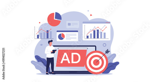 Digital marketer analyzes data from a targeted advertising campaign on a laptop with charts and performance dashboards.
