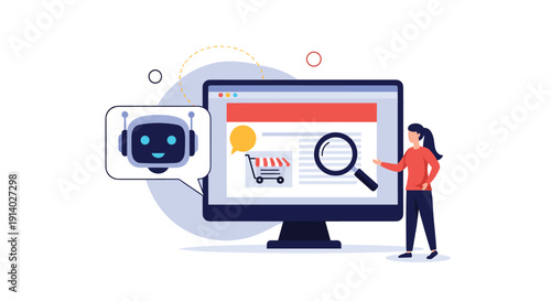 E-commerce manager uses a chatbot for customer support while analyzing her online store's performance with a magnifying glass.