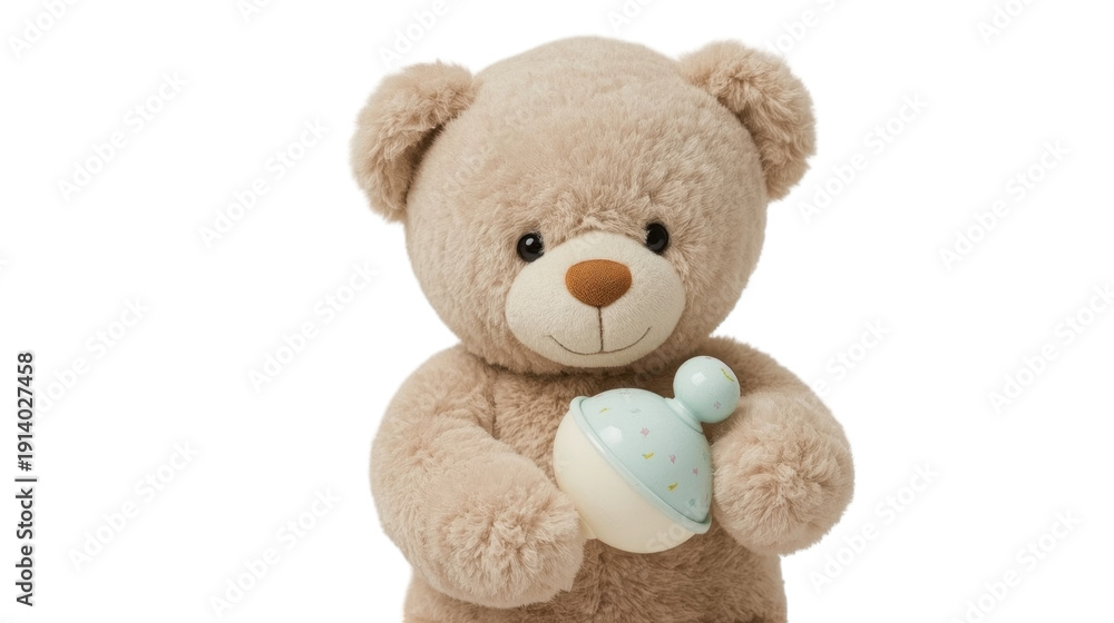 Obraz premium Cuddly teddy bear holding blue heart toy with sweet expression on white background