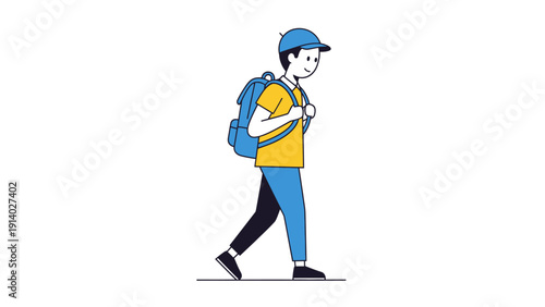 Young man walking with a backpack and casual clothing.
