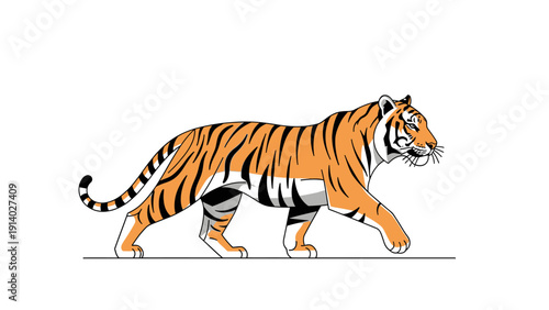 Illustration of a walking tiger with orange fur and black stripes.