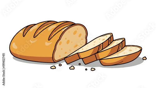 Freshly baked loaf of bread with several sliced pieces and crumbs.