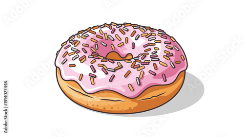 Illustration of a pink frosted donut with colorful sprinkles casting a shadow.