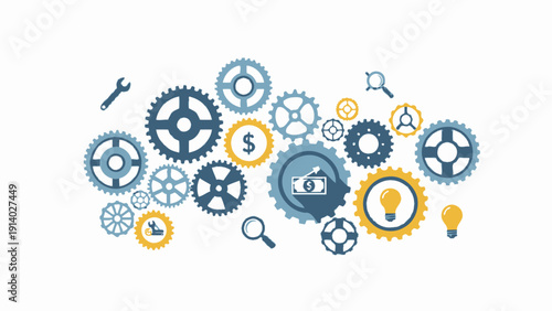 Conceptual illustration of teamwork and innovation with interconnected gears and icons.