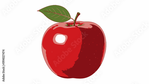 Bright red apple with green leaf isolated on white background.