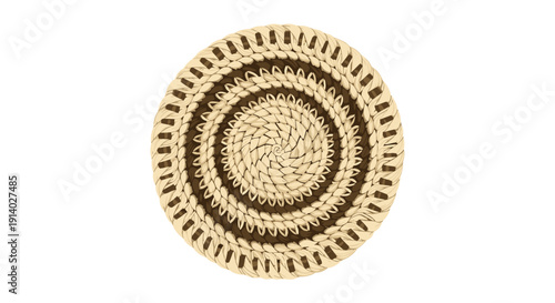 A circular woven mat or basket with alternating light and dark brown spiral patterns is depicted on a white background.