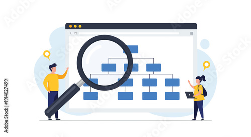 Team of analysts using a large magnifying glass to examine a website sitemap for search engine optimization and data analysis.