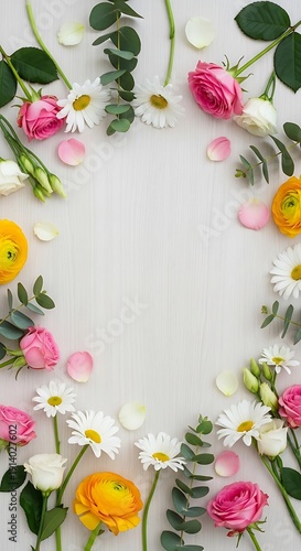 Floral invitation composition of roses and daisies on white surface