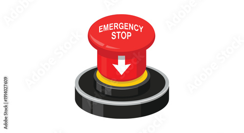 A prominent red emergency stop button with white text and a down arrow is pressed into a black industrial base.
