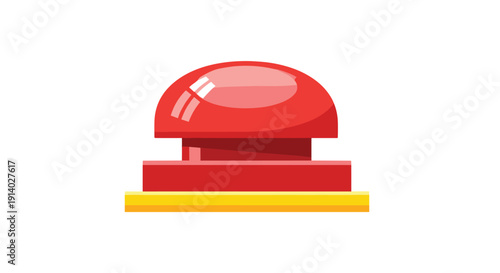A glossy red mushroom-shaped push button with a flat yellow base is presented in a frontal view against a clean white background.