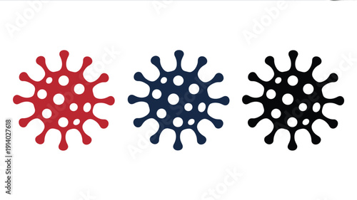 Three stylized virus in red, blue, and black on a white background