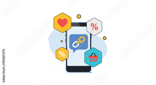 Mobile phone displaying an affiliate link in a speech bubble surrounded by shopping basket heart and percentage discount icons.