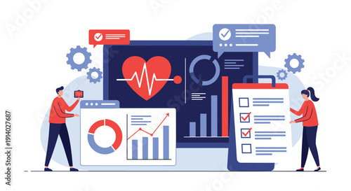 Healthcare professionals analyzing patient electronic health records on a dashboard with heart rate charts and a medical checklist.