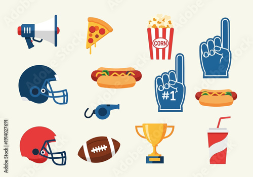 Minimal flat american football fan icon set, simple geometric shapes, clean vector style