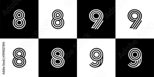 Icon Set Vector of 4 Retro Striped Numbers Eight Nine
