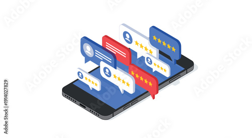 Customer reviews and feedback messages with star ratings appearing on a smartphone screen in a modern isometric illustration style.