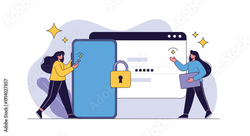 Two-factor authentication and secure login concept with women using a smartphone and laptop for password and data protection.