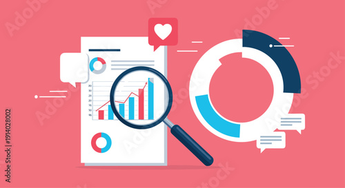 Social media data analysis report with a magnifying glass examining engagement metrics and audience demographics on various charts.