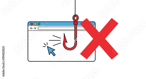 Anti-phishing concept showing a computer mouse cursor avoiding a phishing hook in a browser window with a red X mark.