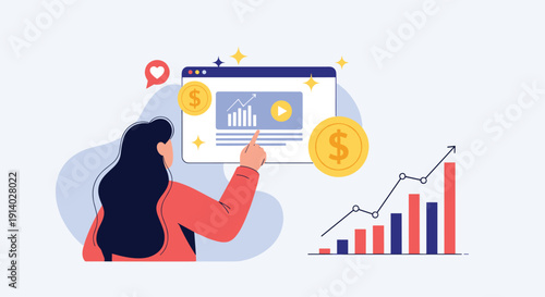Woman analyzing the financial return on investment of a video marketing campaign with growing charts and dollar coins.