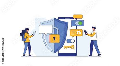 People using smartphones with end-to-end encryption for secure messaging and data privacy represented by a large shield and lock.