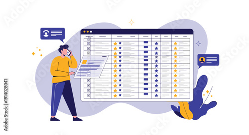 Customer relationship management expert on the phone analyzing a client database with ratings and statuses on a large screen.