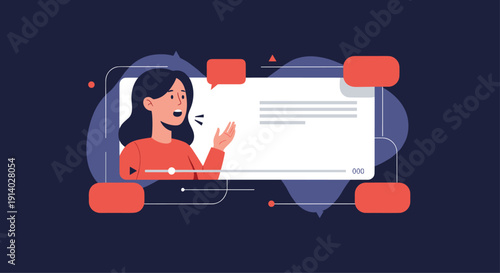 Woman speaking in an online video tutorial or webinar presentation with speech bubbles and interactive elements on the screen.