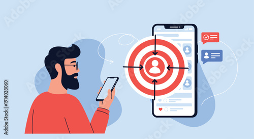 Digital marketer targeting a specific audience profile on social media using a smartphone for a personalized advertising campaign.