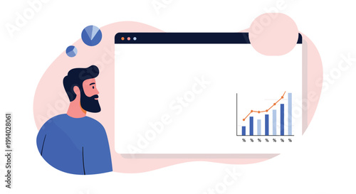 Bearded man looking at a web browser window that has a blank space for content and a small bar chart showing growth.
