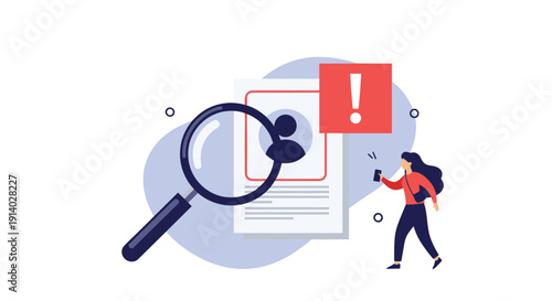 Woman using a smartphone for a background check on a candidate profile which has a warning alert from a magnifying glass.