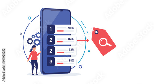 Woman analyzing a product price comparison list on a smartphone with a price tag icon for e-commerce and online shopping.