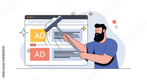 Man using a squeegee to clean a web page and block or remove online advertisements for an improved ad-free user experience.