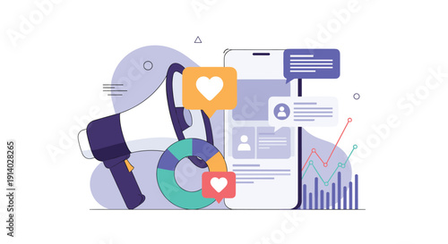 Social media marketing campaign concept with a megaphone likes and comments on a smartphone with growing data analytics charts.