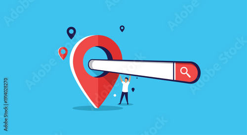 Local SEO and location-based search concept with a man holding a search bar that goes through a large map pin.