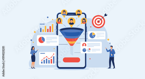 Marketing team analyzing a sales funnel on a smartphone to optimize lead generation and customer conversion with various charts.