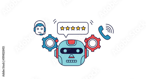 AI chatbot providing excellent five-star customer service and support with automated call center and communication icons.