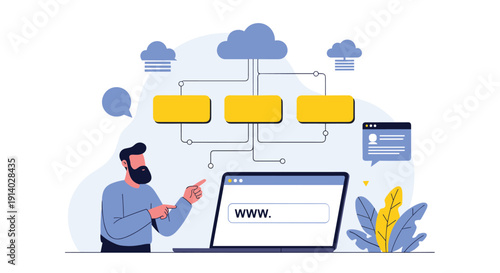 A developer explaining a website sitemap and information architecture connected to cloud hosting on a laptop screen.