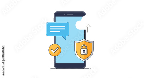 Secure cloud messaging application on a smartphone is shown with a data protection shield and a confirmation check mark icon.