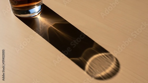 Glass shadow play with light refraction on a minimalist table top