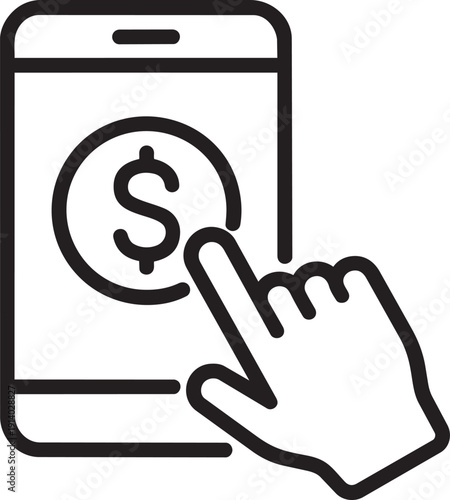 Hand touching smartphone screen with dollar coin icon representing mobile banking application usage