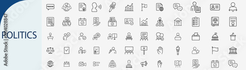 Politics and government icons set, outline symbols for election voting law legislation diplomacy and public administration vector illustration