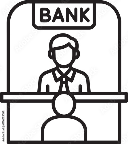 Bank teller clerk sitting behind counter window representing customer service and cashier assistance