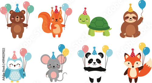 Cute cartoon birthday animal collection featuring bear squirrel turtle sloth owl mouse panda and fox with party hats and balloons isolated on white background.