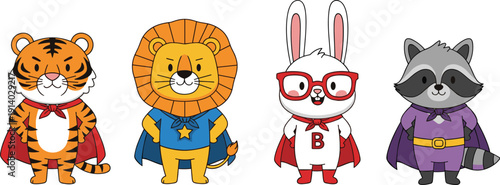 Cute cartoon animal superheroes set featuring tiger lion rabbit and raccoon wearing capes and masks isolated on white background for kids design.