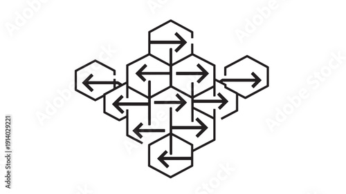 Hexagonal network flow diagram with interconnected arrows showing teamwork and business collaboration process vector illustration