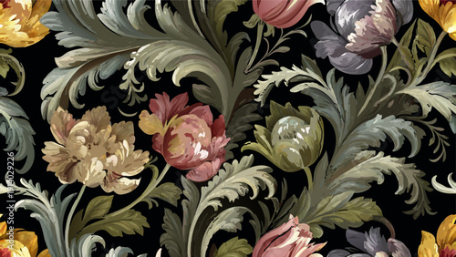 Dramatic floral vector pattern with various flowers in blue, pink, and orange on a rich black background for design, elegant fabrics, and luxurious home decor. 13