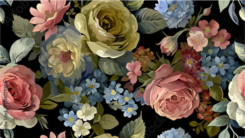 Dramatic floral vector pattern with various flowers in blue, pink, and orange on a rich black background for design, elegant fabrics, and luxurious home decor. 2