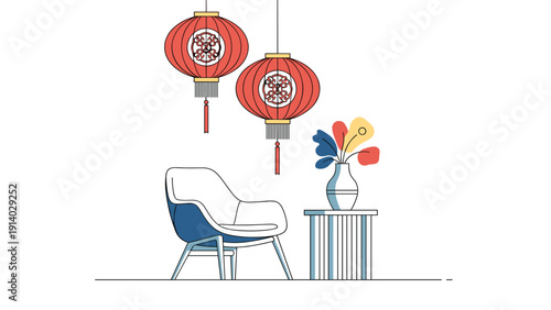 Cozy interior design of living room featuring blue armchair and red traditional chinese lanterns hanging from ceiling.