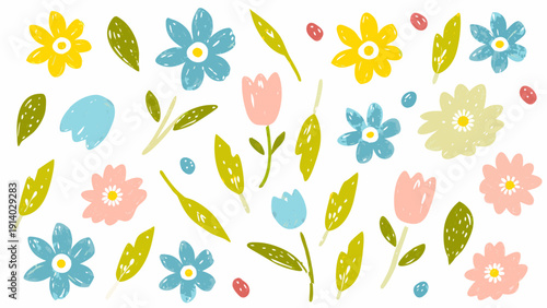 Flower crayon watercolor spring floral set. Cute nature background for kid, child, garden doodle element design. Vector illustration. 10