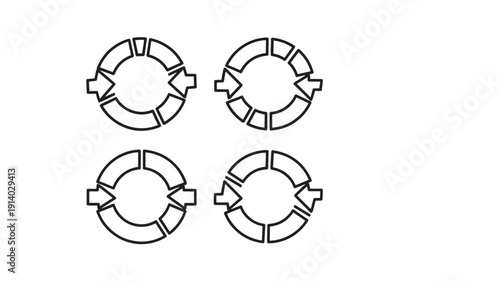 Minimalist circular gear flowchart icons set, black and white mechanical process diagram, business workflow collaboration vector illustration